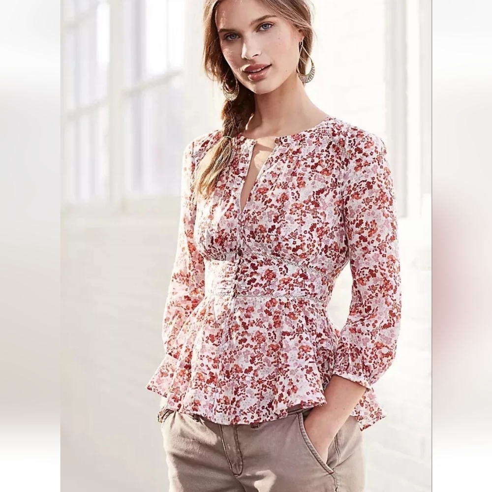 Moulinette Soeurs Pink and Rust Floral Peplum Blouse